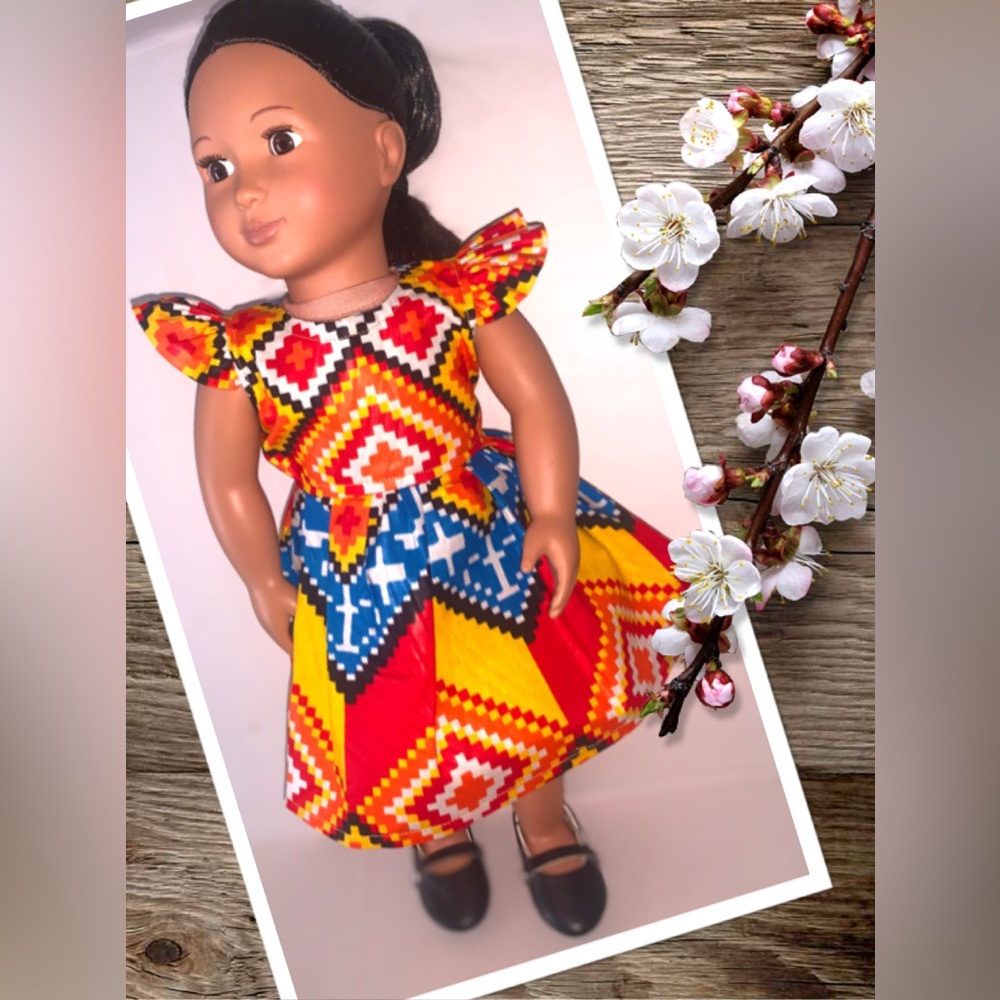 New Ankara African  kente fabric   Dress for 18” doll snap Back Handmade